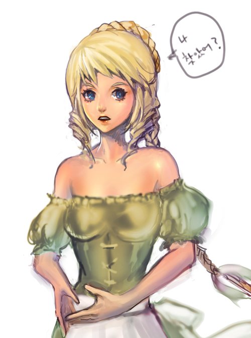 aragaya, blonde hair, blue eyes, braid, braided ponytail, crown braid, drill hair, long hair, ponytail, solo