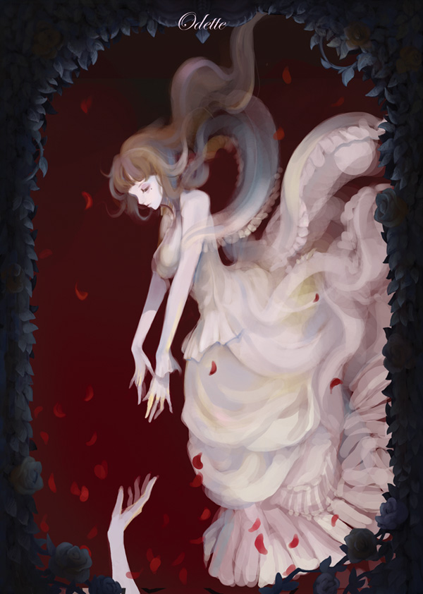 aragaya, 1girl, breasts, brown hair, dress, female focus, large breasts, long hair, petals, solo, white dress