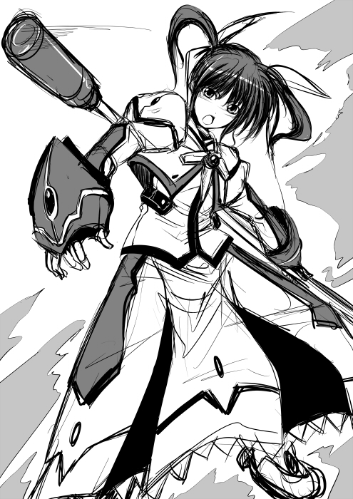 hagane soushi, raising heart, takamachi nanoha, lyrical nanoha, mahou shoujo lyrical nanoha, mahou shoujo lyrical nanoha a's, mahou shoujo lyrical nanoha the movie 1st, 00s, 10s, fingerless gloves, gloves, greyscale, monochrome, sketch, twintails