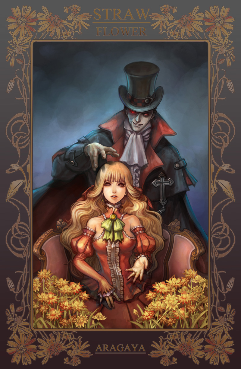 aragaya, phantom of the opera, highres, 1boy, 1girl, ascot, blonde hair, bow, coat, cross, detached sleeves, dress, elbow gloves, flower, gloves, glowing, glowing eyes, grin, hat, lace, lips, long hair, red eyes, ribbon, sitting, smile, top hat, victorian, wavy hair