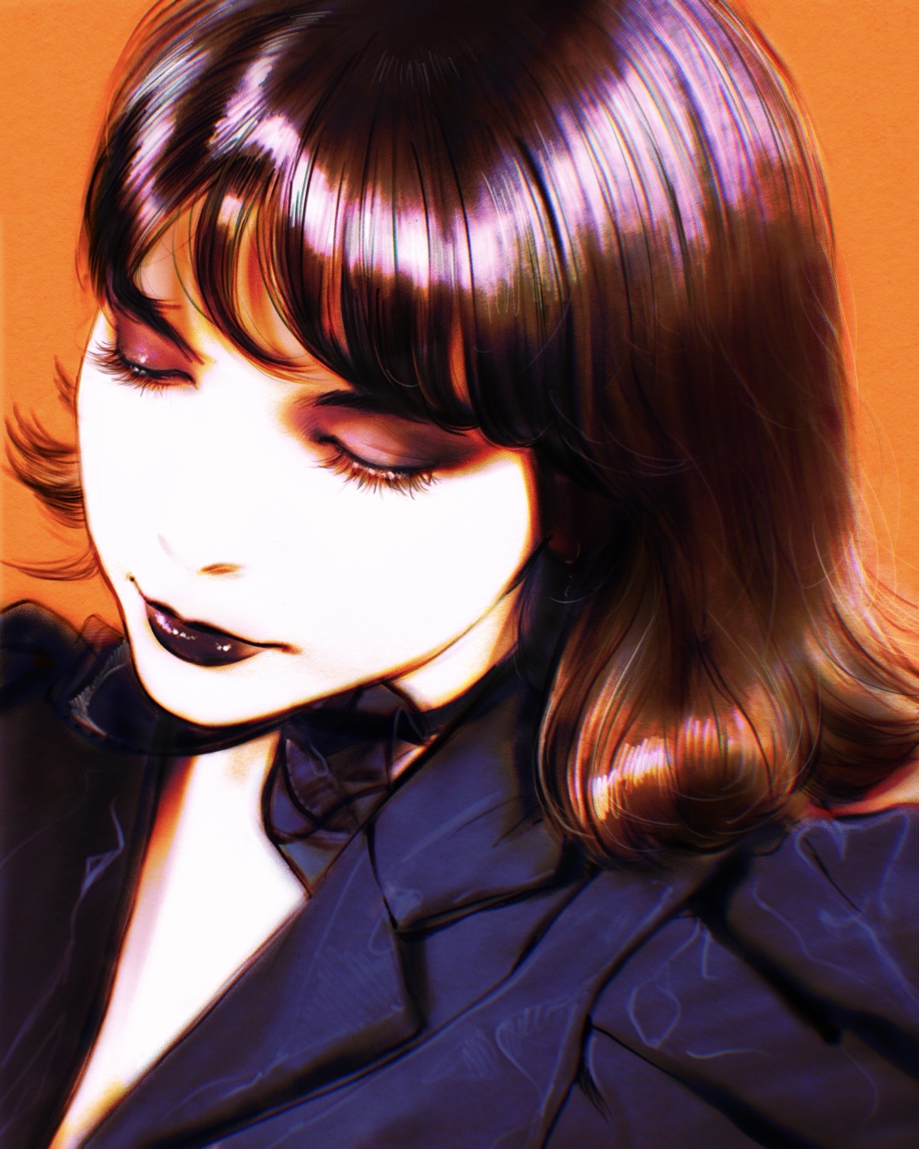 ilya kuvshinov, real life, highres, 1girl, black lips, brown hair, choker, closed eyes, eyeshadow, lipstick, makeup, medium hair, orange background, solo, upper body