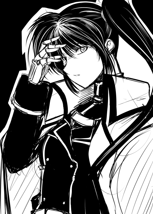 hagane soushi, takamachi nanoha, lyrical nanoha, mahou shoujo lyrical nanoha, mahou shoujo lyrical nanoha strikers, uniform, 00s, cyborg, greyscale, long hair, monochrome, ponytail, sketch, solo, very long hair