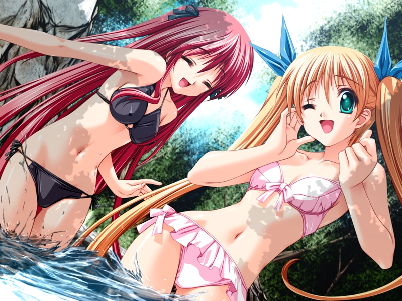 senomoto hisashi, iizuka miyuki, shikishima sakura, kimi no koe ga kikoeru, game cg, non-web source, 2girls, aqua eyes, bikini, blonde hair, breasts, closed eyes, covered erect nipples, day, dutch angle, frilled bikini, frills, long hair, medium breasts, midriff, multiple girls, nature, one eye closed, pink bikini, pink hair, red hair, ribbon, side-tie bikini bottom, small breasts, smile, splashing, string bikini, swimsuit, twintails, very long hair, wading, water, wink