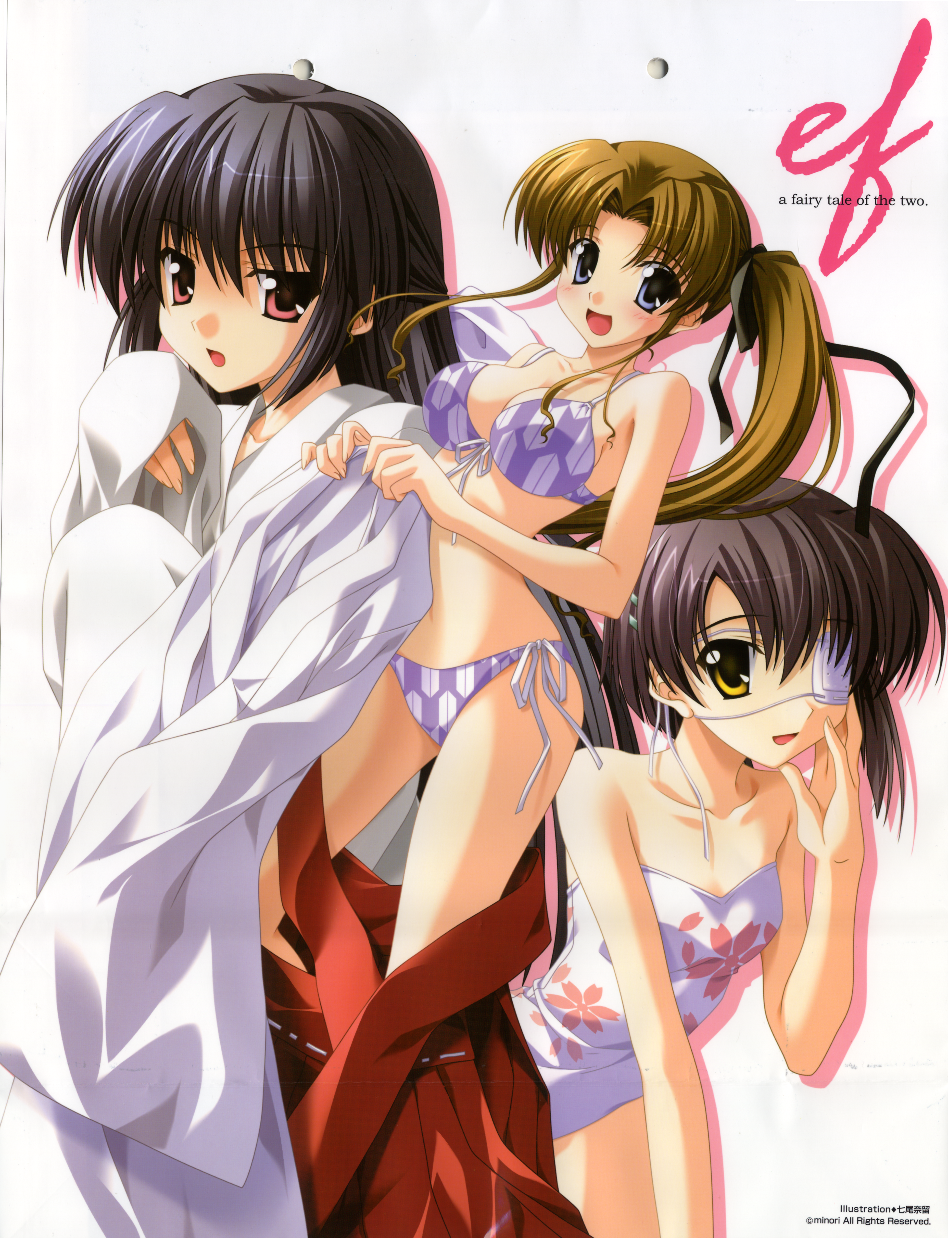 nanao naru, amamiya yuuko, hayama mizuki, shindou chihiro, ef (visual novel), absurdres, highres, huge filesize, scan, 00s, bikini, blush, eyepatch, front-tie top, open mouth, side-tie bikini bottom, smile, swimsuit