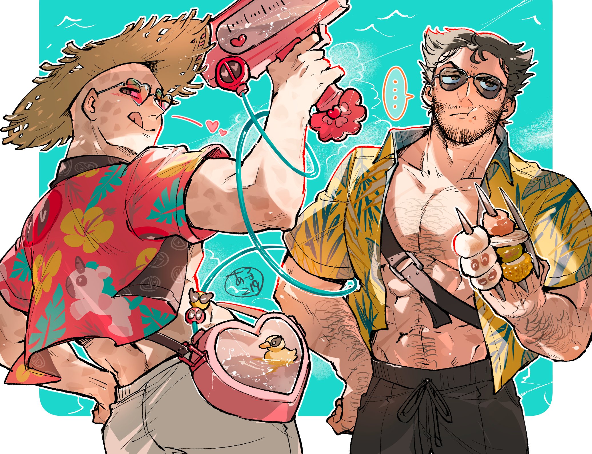 momoi housuke, deadpool, wolverine (x-men), deadpool & wolverine, deadpool (series), marvel, x-men, highres, 2boys, ass, beard, brown hair, facial hair, large pectorals, male focus, multiple boys, muscular, muscular male, pectorals, short hair