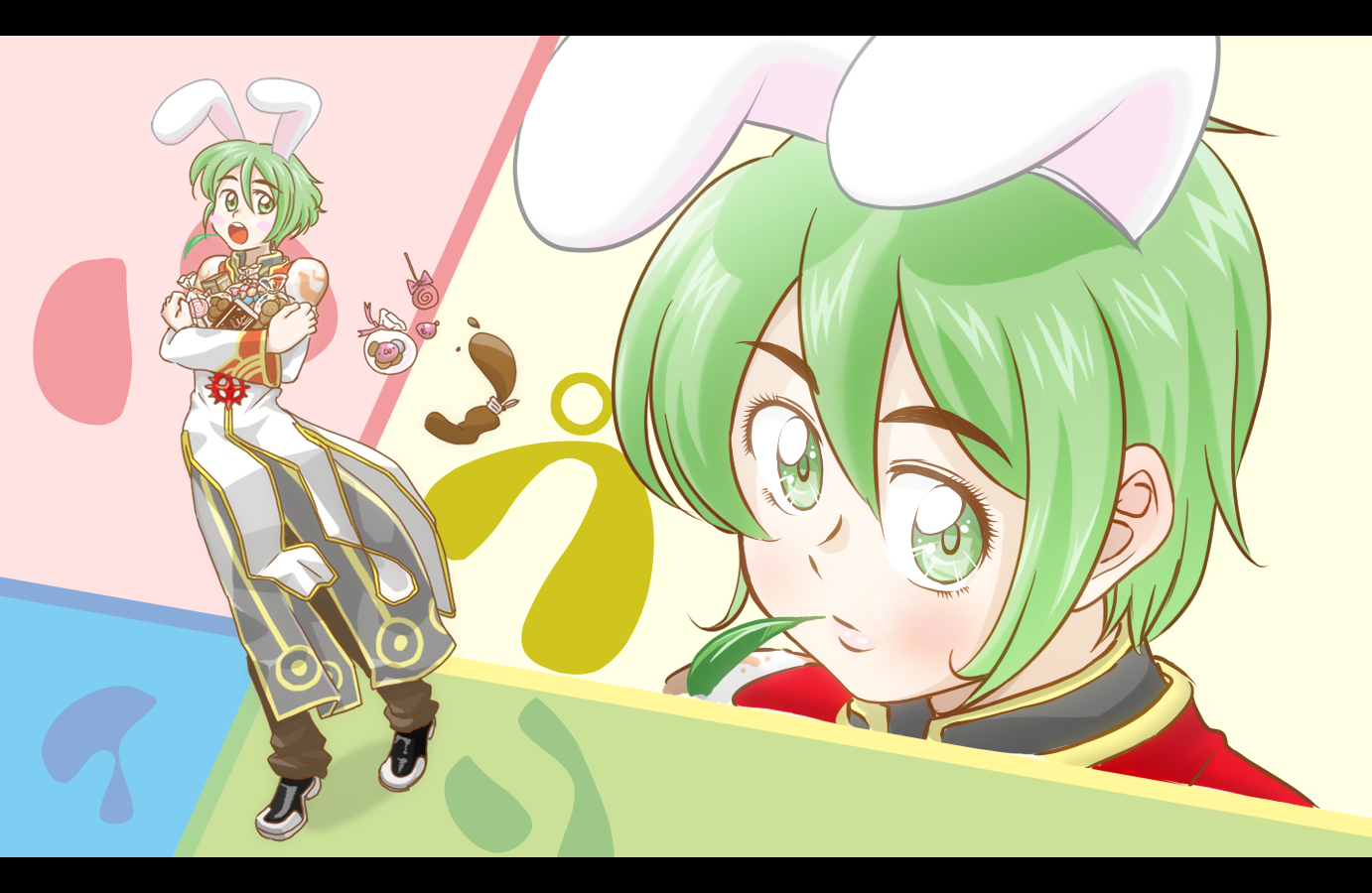 akihiro (chimuya), high priest (ragnarok online), ragnarok online, commentary request, 1boy, animal ears, black shoes, blush, brown pants, candy, chocolate, chocolate bar, closed mouth, coat, cookie, fake animal ears, food, full body, gold trim, green eyes, green hair, letterboxed, lollipop, long sleeves, looking at viewer, male focus, multiple views, open mouth, pants, rabbit ears, shoes, short hair, standing, swirl lollipop, white coat, wrapped candy