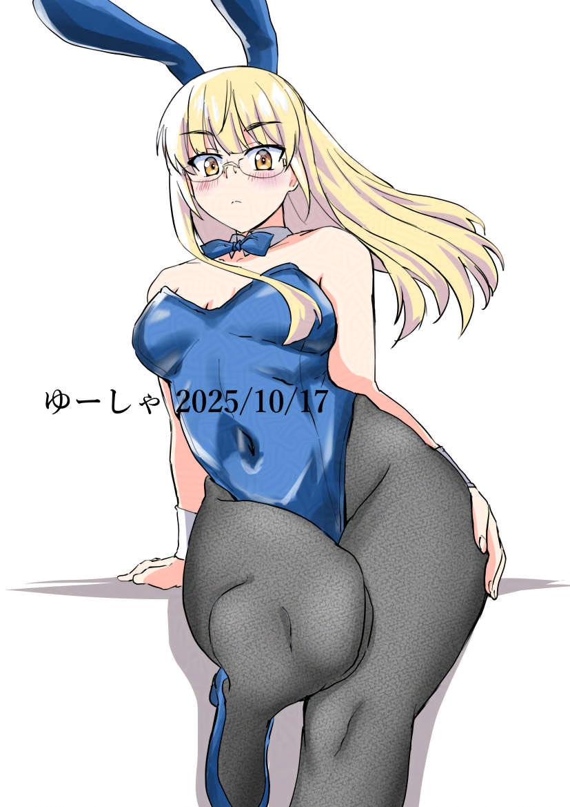 yuusha, perrine h. clostermann, strike witches, world witches series, 1girl, alternate costume, animal ears, black pantyhose, blonde hair, blue bow, blue bowtie, blue leotard, blush, bow, bowtie, breasts, fake animal ears, glasses, high heels, leotard, long hair, looking at viewer, medium breasts, pantyhose, playboy bunny, rabbit ears, simple background, sitting, solo, white background, wrist cuffs, yellow eyes