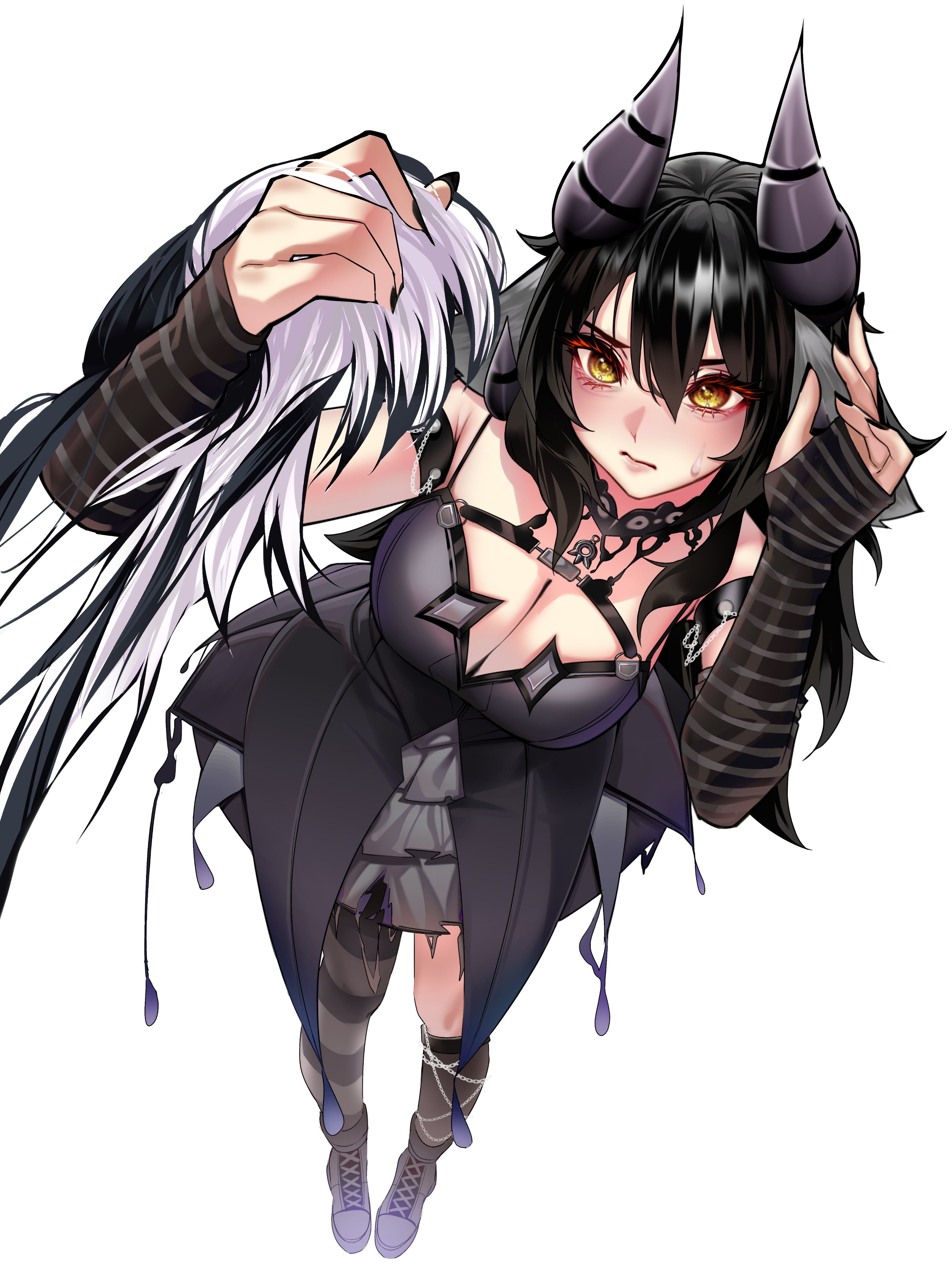 archimedesu99, dakota (kaggy1), shiori novella, shiori novella (1st costume), hololive, hololive english, absurdres, cosplay photo, highres, photo (medium), 1girl, arm strap, black arm warmers, black boots, black choker, black dress, black hair, black horns, black nails, black thighhighs, boots, breasts, choker, cleavage, closed mouth, cosplay, dress, hair between eyes, holding, holding wig, horns, large breasts, long hair, sheep horns, shiori novella (cosplay), simple background, single thighhigh, solo, standing, striped arm warmers, striped clothes, striped thighhighs, sweatdrop, thighhighs, virtual youtuber, white background, wig, yellow eyes