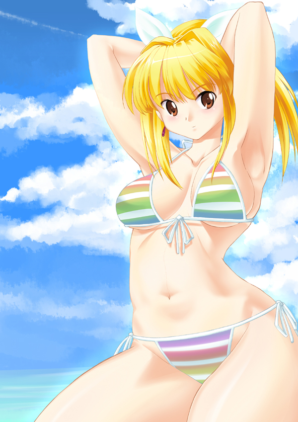 marin (marine-sky-earth), zouzou, marin (umi monogatari), umi monogatari, 00s, 1girl, animal ears, armpits, bikini, blonde hair, brown eyes, day, female focus, front-tie top, long hair, ponytail, side-tie bikini bottom, solo, string bikini, striped bikini, striped clothes, swimsuit