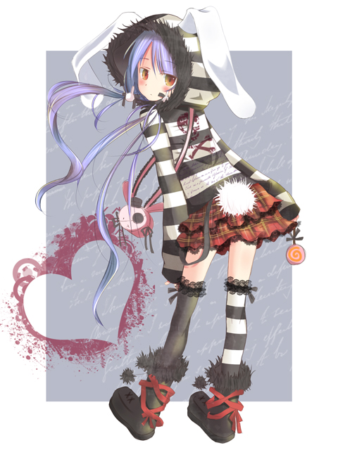 amane (pixiv393859), original, striped, bad id, bad pixiv id, inactive account, 1girl, animal ears, blue hair, female focus, heart, hood, hoodie, long hair, plaid clothes, plaid skirt, rabbit ears, skirt, solo, thighhighs
