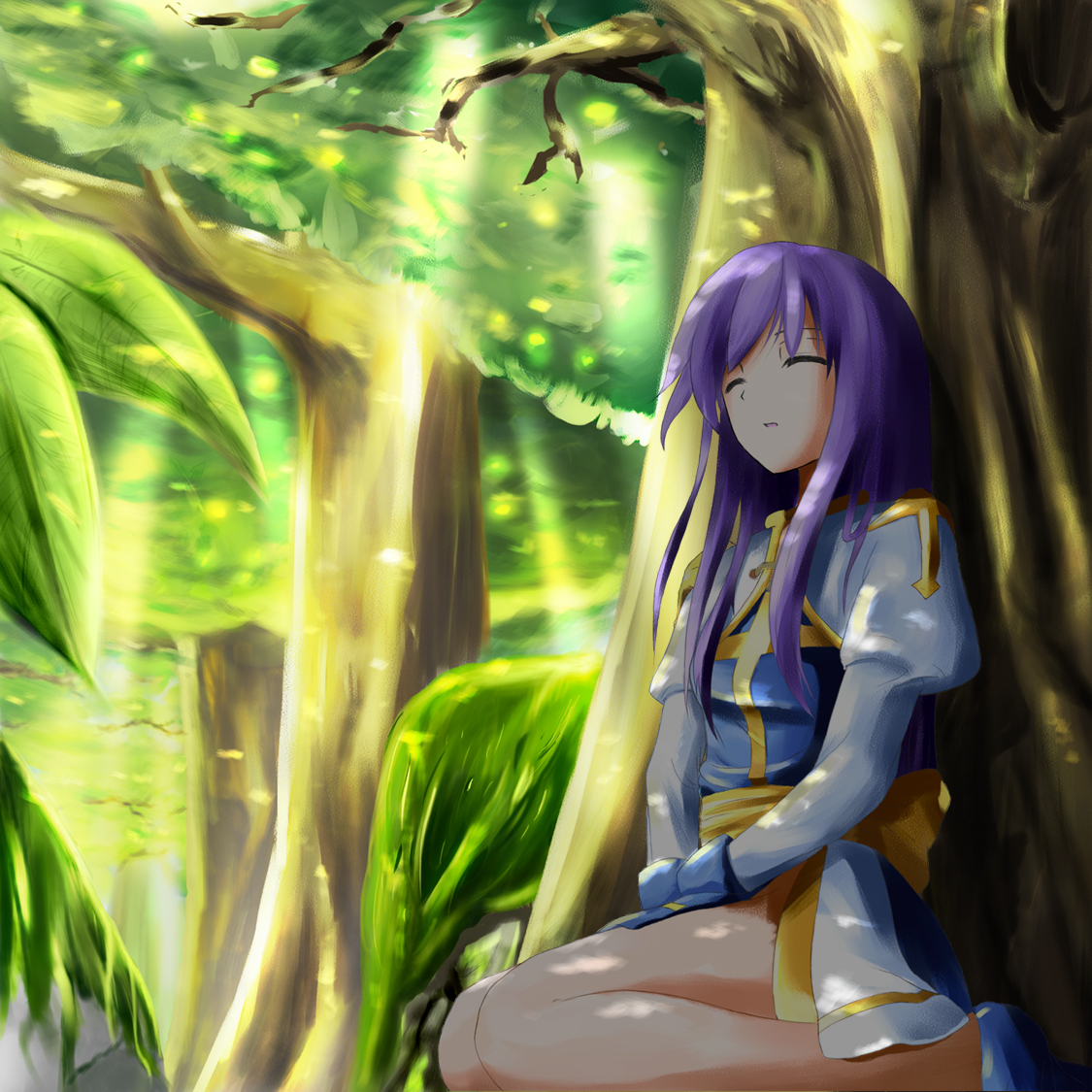 lycee62, arch bishop (ragnarok online), ragnarok online, commentary request, 1girl, 2000s (style), blue dress, blurry, blurry background, closed eyes, cross, dappled sunlight, dress, forest, full body, juliet sleeves, long hair, long sleeves, looking at viewer, nature, no legwear, outdoors, puffy sleeves, purple hair, sash, seiza, sidelocks, sitting, sleeping, sleeping upright, solo, sunlight, tree, two-tone dress, white dress, yellow sash