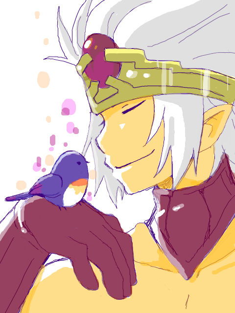 tsuyuka (sunny spot), odin, onyx, onyx (odin sphere), odin sphere, vanillaware, 1boy, bird, bird on hand, crown, male focus, orb, pointy ears, short hair, smile, solo, spot, white hair