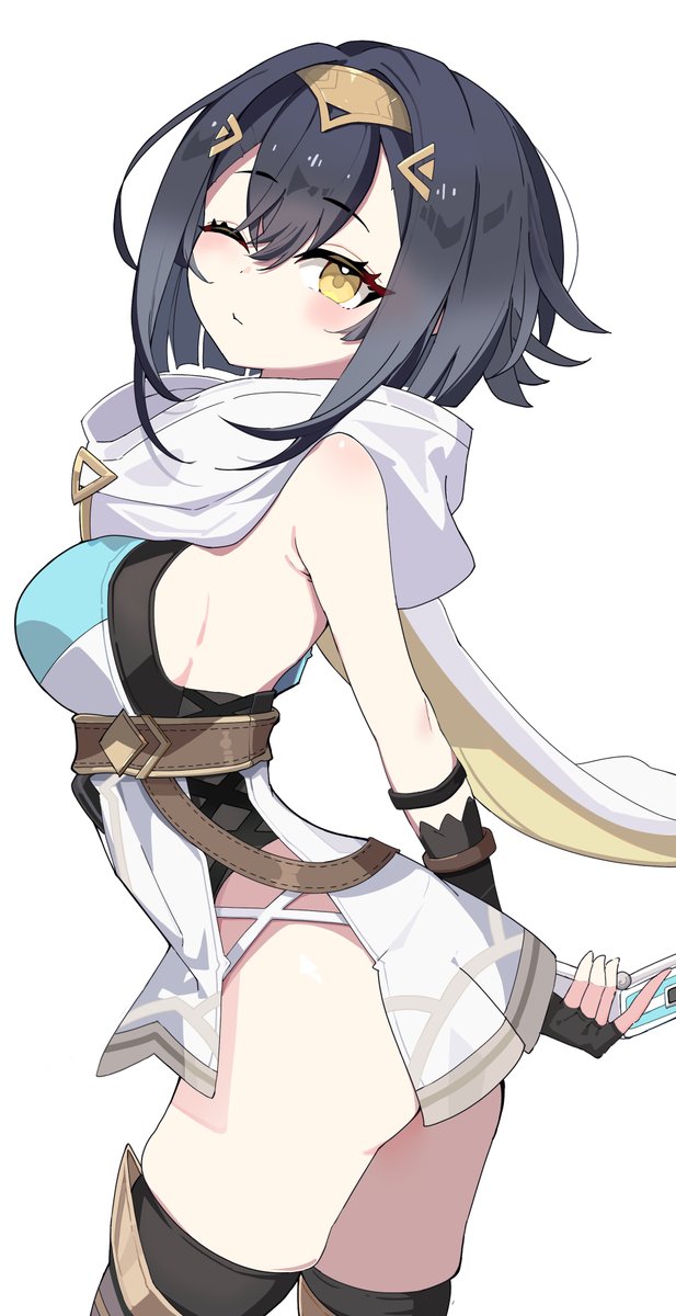 polyethyle, amber (stella sora), stella sora, commentary, highres, 1girl, armpit crease, bare shoulders, black gloves, black hair, black leotard, black thighhighs, breasts, cape, cellphone, cowboy shot, dress, elbow gloves, fingerless gloves, flip phone, gloves, holding, holding phone, large breasts, leotard, looking at viewer, medium hair, microdress, one eye closed, phone, sideboob, sideless dress, sidelocks, sleeveless, sleeveless dress, solo, thighhighs, white cape, white dress, yellow cape, yellow eyes