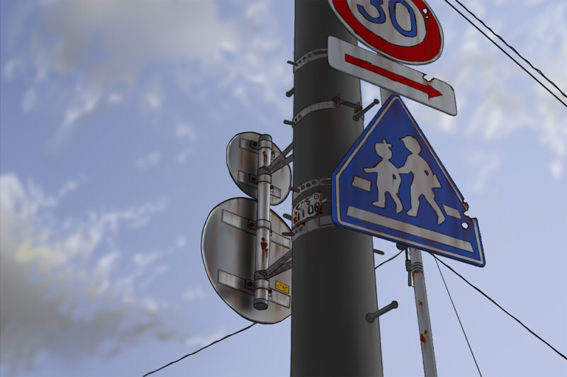 original, commentary request, blue sky, cloud, day, guji-kun, motion lines, no humans, outdoors, pedestrians only sign, power lines, road sign, rust, scenery, sign, sky, speed lines, utility pole