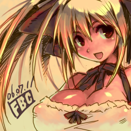 fbc, usada hikaru, di gi charat, commentary request, lowres, photoshop (medium), 1girl, artist name, black bow, black bowtie, blonde hair, blush, bow, bowtie, breasts, brown bow, cleavage, covered erect nipples, dated, hair bow, large breasts, limited palette, looking at viewer, open mouth, red eyes, smile, solo, twintails, upper body, yellow background