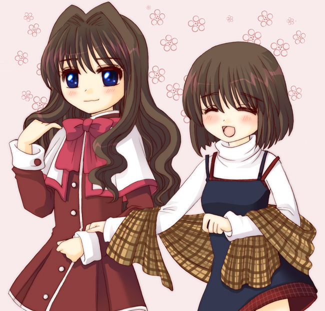 aoi (ene), misaka kaori, misaka shiori, kanon, plaid, 2girls, blue eyes, brown hair, closed eyes, long hair, multiple girls, red skirt, school uniform, shawl, short hair, siblings, sisters, skirt