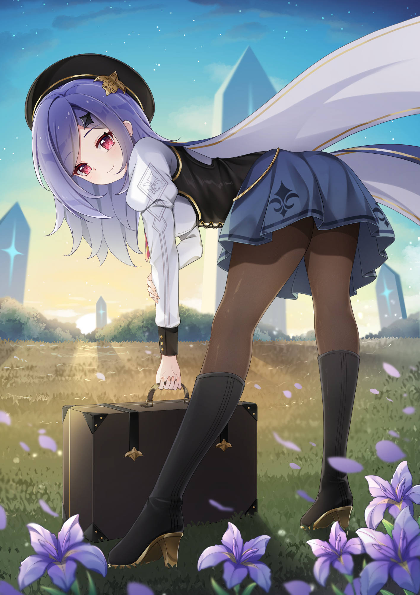 umou (may65879), iris (stella sora), stella sora, chinese commentary, commentary request, highres, 1girl, ass, bent over, beret, black boots, black hat, black vest, blue skirt, blue sky, boots, breasts, brown pantyhose, closed mouth, flower, framed breasts, hat, high heel boots, high heels, holding, holding suitcase, iris (flower), juliet sleeves, knee boots, long hair, long sleeves, looking at viewer, medium breasts, miniskirt, monolith (object), name connection, outdoors, pantyhose, pleated skirt, puffy sleeves, purple flower, purple hair, red eyes, shirt, skirt, sky, smile, solo, suitcase, vest, white shirt
