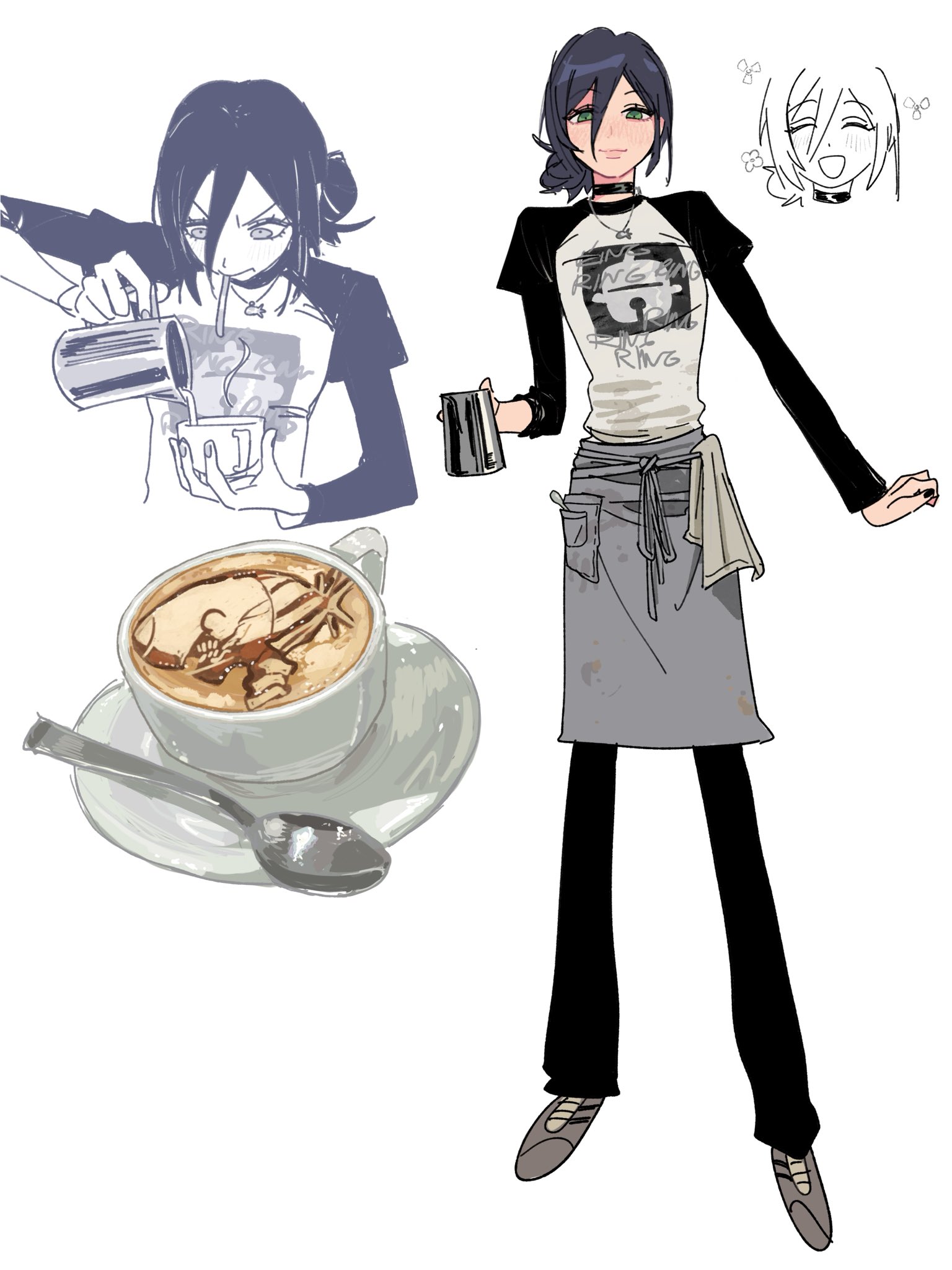 edpan, bomb devil (chainsaw man), reze (chainsaw man), chainsaw man, highres, 1girl, apron, black choker, black hair, black pants, black sleeves, cappuccino, choker, creamer (vessel), cup, green eyes, grey apron, hair between eyes, hair bun, jewelry, latte art, multiple views, necklace, pants, pouring, saucer, shirt, spoon, teacup, towel, waist apron, white shirt