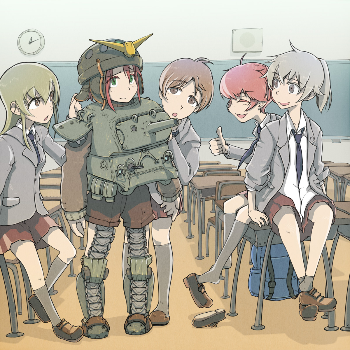 soopon, alisa's gunner (girls und panzer), alisa (girls und panzer), helmet-chan (girls und panzer), m4 sherman, girls und panzer, gundam, commentary request, highres, 5girls, alisa's co-driver (girls und panzer), alisa's driver (girls und panzer), armor, black necktie, blazer, blonde hair, brown eyes, brown hair, brown shoes, caterpillar tracks, chair, classroom, clock, closed eyes, closed mouth, collared shirt, desk, drawing board, dress shirt, green eyes, green hair, grey hair, grey jacket, grey socks, helmet, jacket, kneehighs, light frown, long hair, mecha musume, military vehicle, miniskirt, motor vehicle, multiple girls, necktie, on desk, open clothes, open jacket, open mouth, parody, pleated skirt, red hair, red skirt, saunders military uniform, saunders school uniform, school desk, school uniform, shirt, shoes, short hair, short twintails, sitting, skirt, socks, tank, tank helmet, thumbs up, twintails, unworn shoes, white shirt