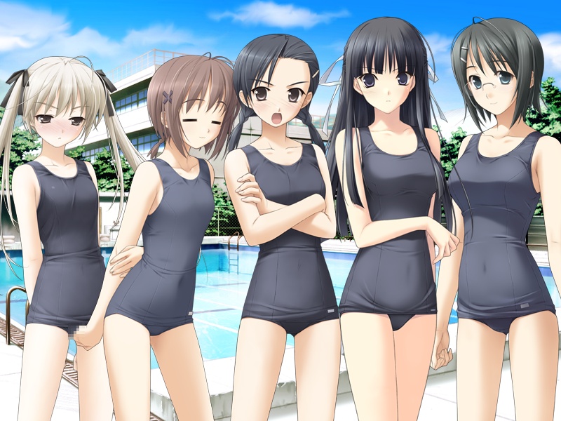 hashimoto takashi, suzuhira hiro, amatsume akira, kasugano sora, kuranaga kozue, migiwa kazuha, yorihime nao, yosuga no sora, game cg, non-web source, 5girls, :3, = =, black eyes, black hair, blonde hair, blush, brown eyes, brown hair, censored, covered navel, crossed arms, female pervert, fingering, glasses, green eyes, hair ornament, hair ribbon, hairclip, lineup, long hair, mosaic censoring, multiple girls, one-piece swimsuit, pervert, pool, poolside, ribbon, school swimsuit, short hair, swimsuit, twintails, yuri