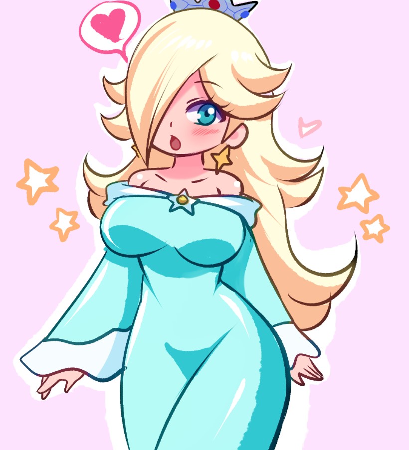 araceri, rosalina, mario (series), nintendo, super mario galaxy, 1girl, blonde hair, blue dress, blue eyes, blush, breasts, brooch, collarbone, crown, dress, earrings, hair over one eye, heart, jewelry, large breasts, long hair, long sleeves, looking at viewer, off-shoulder dress, off shoulder, open mouth, pink background, princess, speech bubble, spoken heart, standing, star (symbol), star brooch, star earrings, star symbol background, wide sleeves