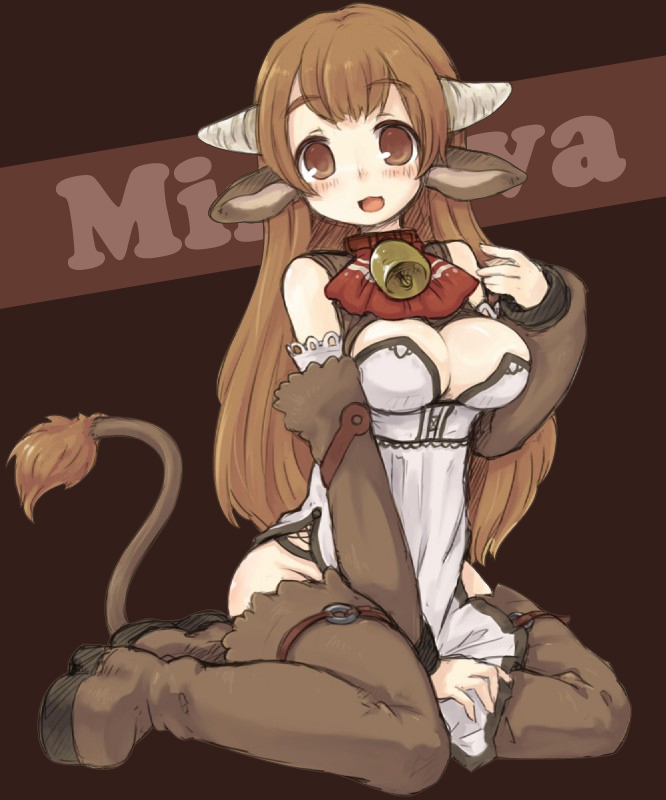 7010, original, 1girl, animal ears, bell, blush, boots, breasts, brown eyes, brown hair, collar, cow ears, cow girl, female focus, horns, large breasts, neck bell, solo