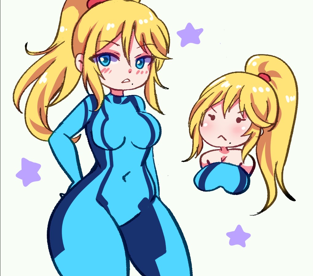 araceri, samus aran, metroid, nintendo, 1girl, :<, black eyes, blonde hair, blue bodysuit, blue eyes, blush, bodysuit, breasts, cleavage, grey background, hand on own hip, large breasts, long hair, looking at viewer, mole, mole under mouth, multiple views, parted lips, ponytail, standing, star (symbol), star symbol background, teeth, thick thighs, thighs, upper body, wide hips, zero suit