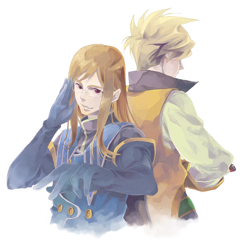 heysho, guy cecil, jade curtiss, tales of (series), tales of the abyss, bad id, bad pixiv id, 00s, 2boys, back-to-back, blonde hair, brown hair, glasses, gloves, long hair, male focus, multiple boys, red eyes, smile, white background
