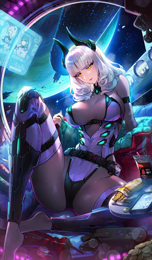 redrop, carmilla (fate), fate/grand order, fate (series), official art, 1girl, belt, bodysuit, breasts, fake horns, horns, jacket, large breasts, long hair, looking at viewer, off shoulder, purple bodysuit, red jacket, smile, spread legs, thighs, white hair, yellow eyes