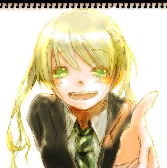 maka albarn, soul eater, 00s, blonde hair, foreshortening, green eyes, necktie, sketch, solo, twintails