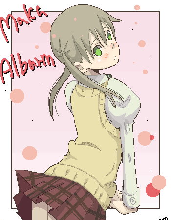 niea, maka albarn, soul eater, lowres, 00s, 1girl, blonde hair, blush, female focus, from behind, green eyes, juliet sleeves, long sleeves, looking at viewer, oekaki, plaid clothes, plaid skirt, pleated skirt, puffy long sleeves, puffy sleeves, red skirt, skirt, solo, upskirt