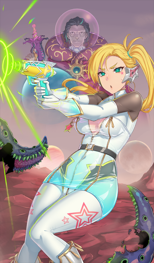 jikeshi, calamity jane (fate), gilles de rais (caster) (fate), gilles de rais (fate), fate/grand order, fate (series), official art, 1boy, 1girl, aqua skirt, belt, black hair, blonde hair, bodysuit, breasts, cleavage, earrings, elbow gloves, energy gun, forehead, gloves, gold trim, green eyes, gun, headset, helmet, hoop earrings, jewelry, large breasts, long hair, long sleeves, miniskirt, open mouth, parted bangs, pencil skirt, ray gun, short hair, side ponytail, skirt, space helmet, spacesuit, tentacles, thighs, weapon, white bodysuit, white gloves