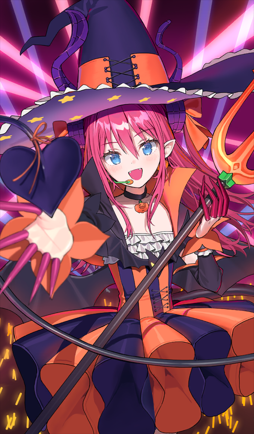 elizabeth bathory (fate), elizabeth bathory (halloween caster) (fate), fate/grand order, fate (series), artist request, official art, 1girl, black dress, blue eyes, blush, breasts, curled horns, demon tail, demon wings, detached sleeves, dragon horns, dress, hat, horns, long hair, looking at viewer, open mouth, orange dress, pink hair, pointy ears, polearm, popped collar, purple hat, small breasts, smile, solo, striped clothes, striped dress, tail, trident, two-tone dress, vertical-striped clothes, vertical-striped dress, weapon, wings, witch hat
