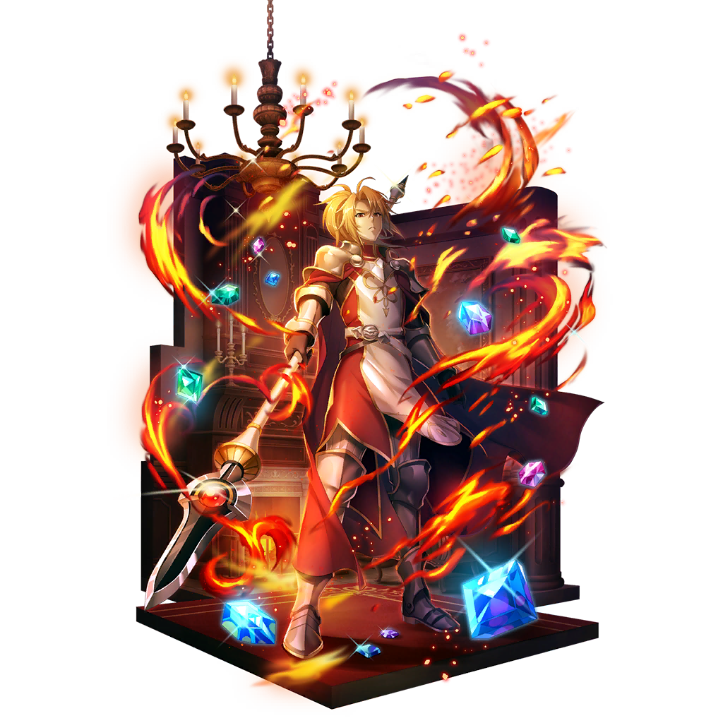 kitamura motoyasu, tate no yuusha no nariagari, tate no yuusha no nariagari rerise, artist request, game cg, official art, 1boy, ahoge, aqua gemstone, armor, armored boots, belt, black belt, black shirt, blonde hair, blue gemstone, boots, bracer, cape, chandelier, closed mouth, collared tunic, couter, cuisses, dark, embers, fire, fireplace, floating clothes, forehead, frown, full body, gem, gold trim, green gemstone, grey boots, hand on own hip, high collar, holding, holding polearm, holding weapon, indoors, legendary spear (small spear) (tate no yuusha no nariagari), legendary spear (tate no yuusha no nariagari), light smile, long sleeves, looking at viewer, male focus, medium hair, messy hair, multiple belts, pants, pauldrons, pinstripe pants, pinstripe pattern, pinstripe shirt, polearm, poleyn, ponytail, purple gemstone, red cape, red carpet, red eyes, red tunic, shirt, short ponytail, shoulder armor, sidelocks, simple background, sleeveless tunic, solo, sparkle, spear, standing, transparent background, tunic, turtleneck tunic, two-tone tunic, v-shaped eyebrows, vambraces, weapon, white belt, white pants, white tunic