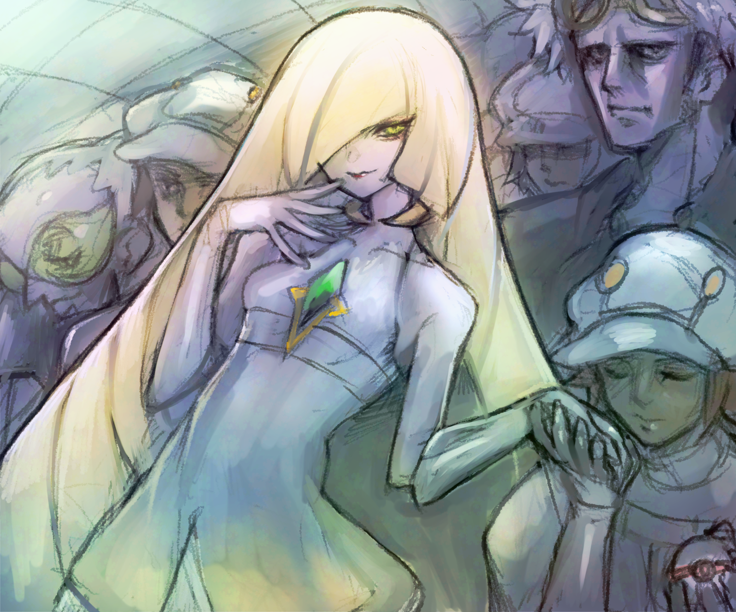 dakusuta, aether foundation employee, faba (pokemon), guzma (pokemon), lusamine (pokemon), nintendo, pokemon, pokemon sm, commentary, highres, 2girls, 4boys, aether foundation uniform, blonde hair, brown hair, closed mouth, collarbone, dress, eyelashes, gem, gloves, green-tinted eyewear, green eyes, green gemstone, hair over one eye, hand up, hat, holding, holding hands, holding poke ball, indoors, long hair, looking at viewer, multiple boys, multiple girls, poke ball, premier ball, sleeveless, sleeveless dress, spread fingers, sunglasses, tinted eyewear