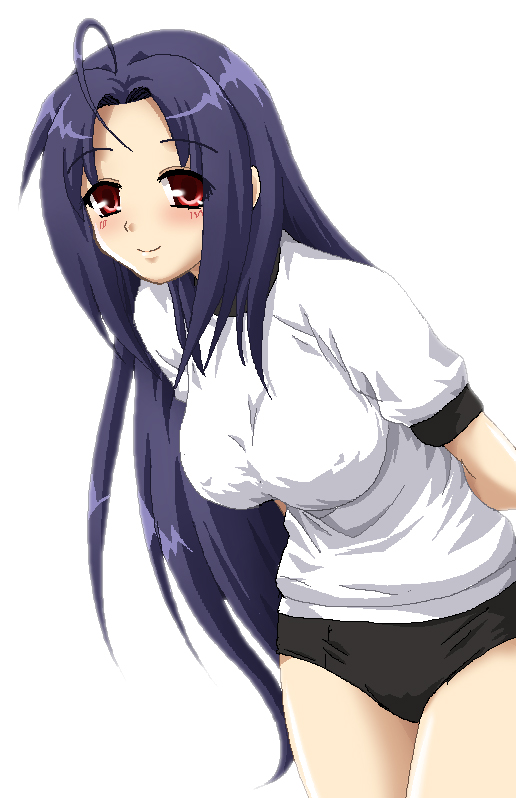 hayashiya zankurou, miura azusa, idolmaster, idolmaster (classic), idolmaster 1, 00s, 1girl, ahoge, blue hair, breasts, buruma, covered erect nipples, female focus, gym uniform, leaning forward, long hair, red eyes, simple background, solo