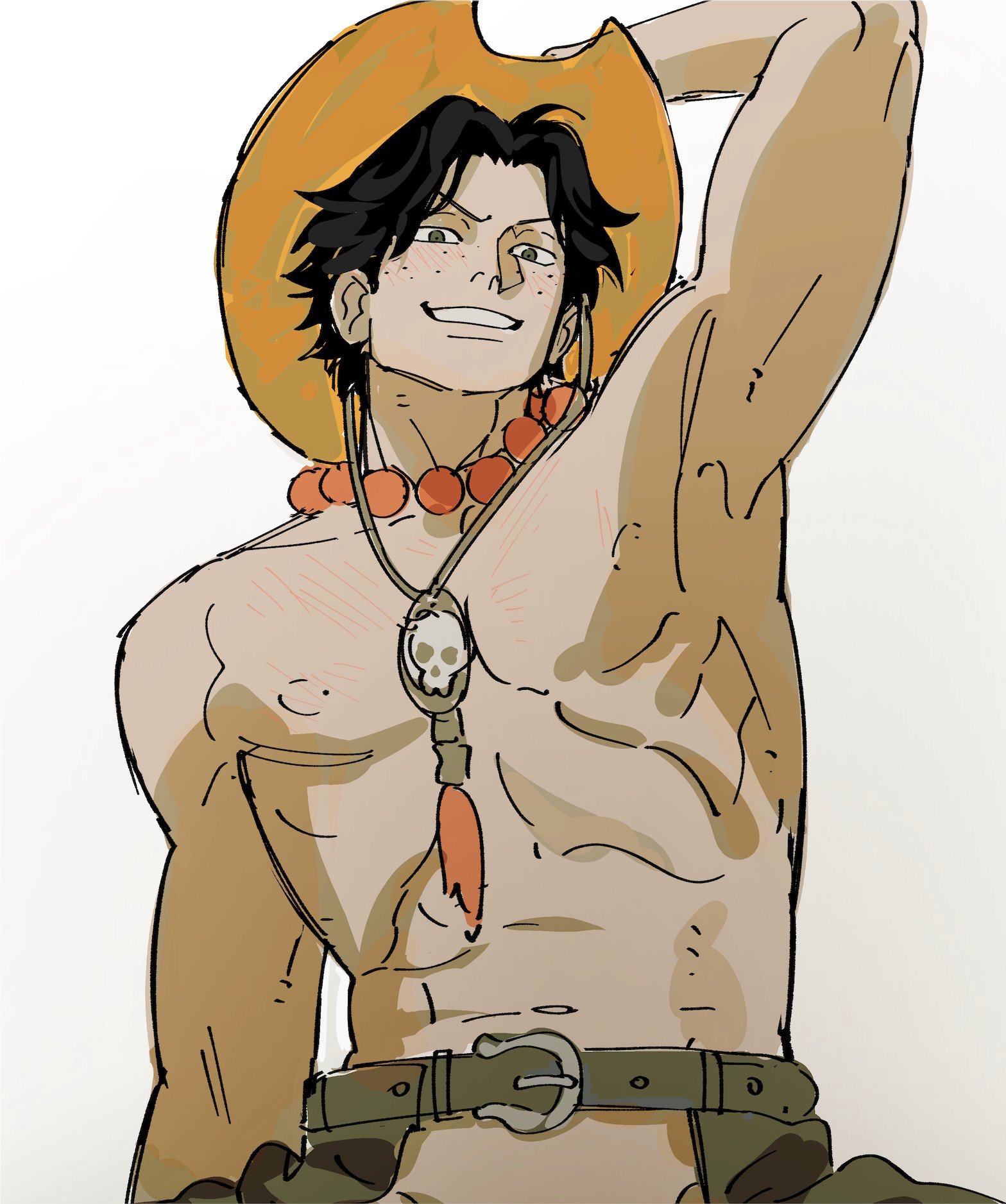 nyan 2020, portgas d. ace, one piece, highres, 1boy, arm up, bare pectorals, bead necklace, beads, belt, black hair, black pants, blush, clothing cutout, cowboy hat, crotch cutout, freckles, furrowed brow, hand on own hat, hat, jewelry, looking at viewer, male focus, necklace, nipples, orange hat, pants, pectorals, short hair, sketch, skull, smile, spiked hair, topless male, white background