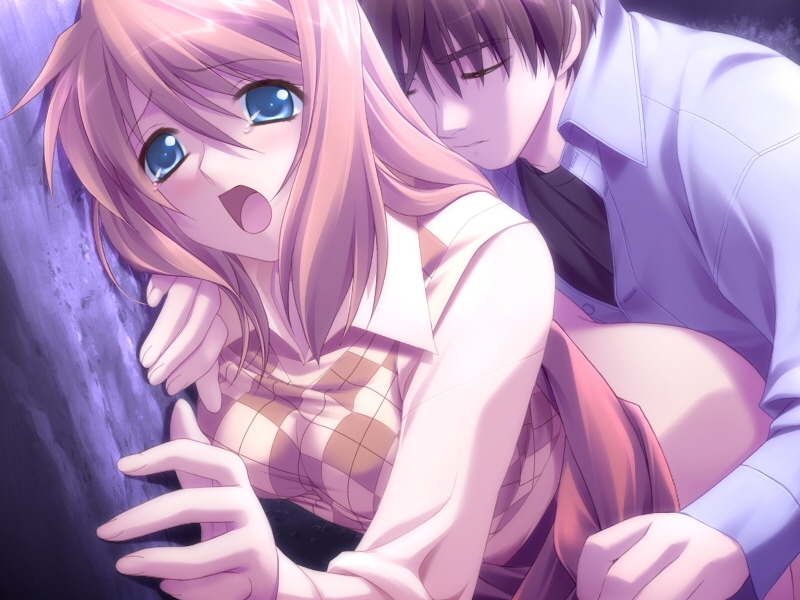 yuuki mitsuru, nakazato kouichi, yukizakura himeno, komorebi no namikimichi, argyle, game cg, 1boy, 1girl, against tree, blue eyes, blush, clothed sex, couple, doggystyle, from behind, hetero, open mouth, pink hair, screaming, sex, sex from behind, tears, tree, vaginal