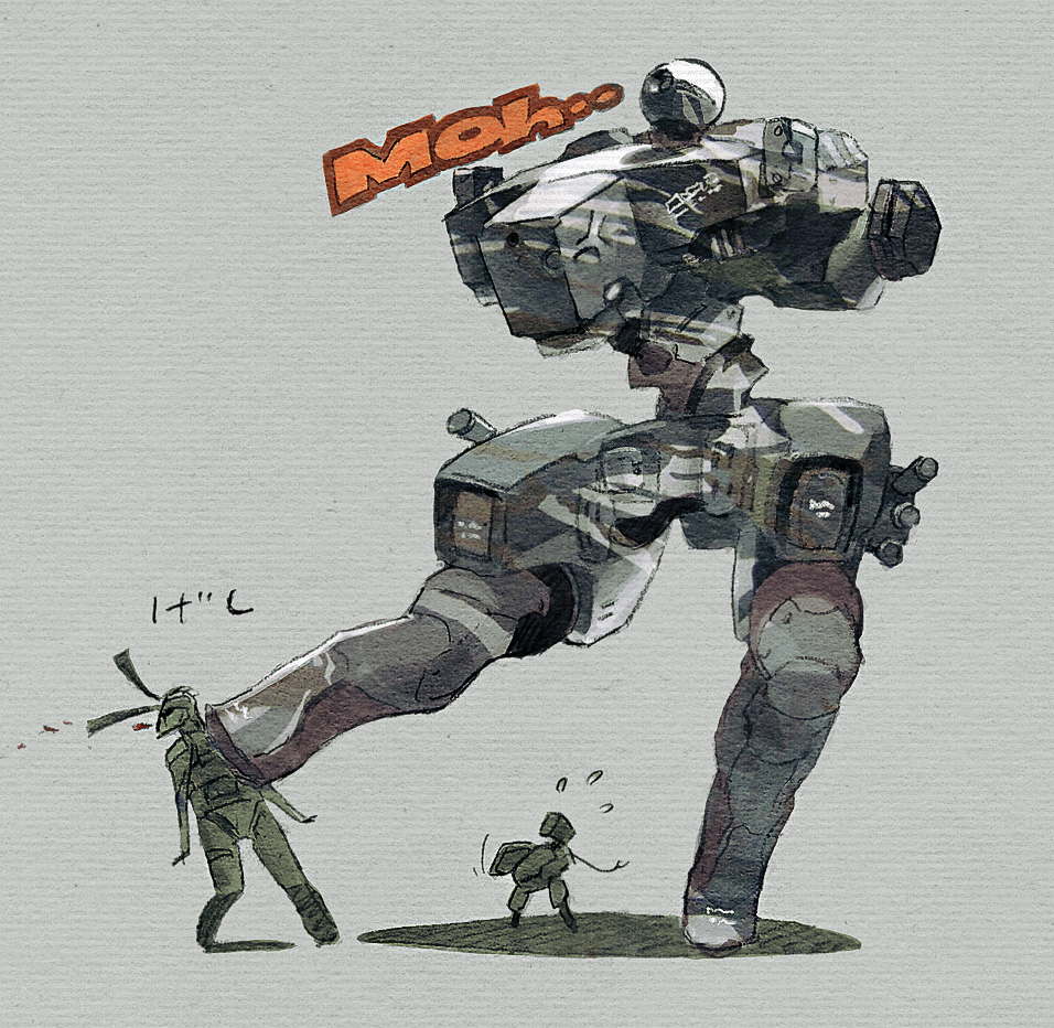 gekko, gekko (metal gear), metal gear mk. ii, old snake, solid snake, metal gear (series), metal gear solid 4: guns of the patriots, 1boy, angry, blood, kicking, mecha, robot
