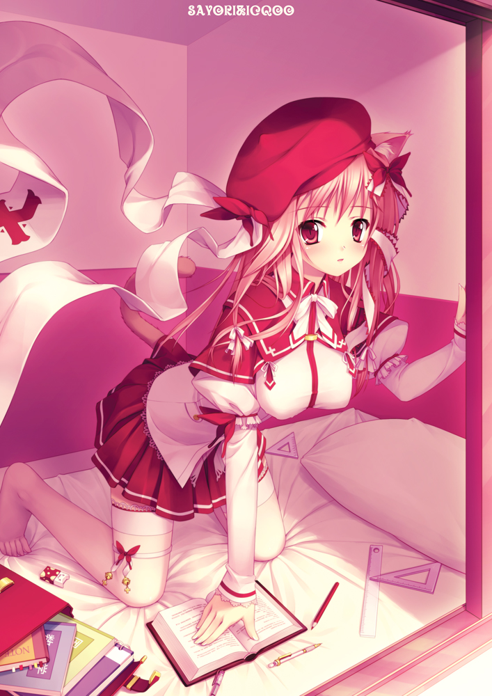 icqoo, sayori (neko works), original, bad id, bad pixiv id, 1girl, animal ears, barefoot, bed, bell, book, bow, breasts, cat ears, cat tail, feet, female focus, hair bow, hair ribbon, hat, jingle bell, kneeling, large breasts, long hair, pen, pillow, pink hair, red eyes, ribbon, skirt, slit pupils, solo, tail, thighhighs, white thighhighs, zettai ryouiki