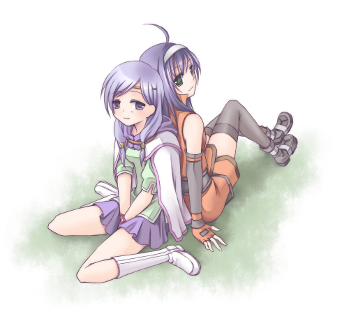 ilyana (fire emblem), mia (fire emblem), fire emblem, fire emblem: path of radiance, fire emblem: radiant dawn, nintendo, black footwear, black legwear, white footwear, lowres, 2girls, ahoge, back-to-back, bare shoulders, between legs, blue hair, boots, breasts, brown shirt, elbow gloves, fingerless gloves, gloves, green eyes, green shirt, hairband, hand between legs, long hair, looking back, low-tied long hair, miniskirt, multiple girls, pleated skirt, purple eyes, purple hair, purple skirt, shirt, shoes, short sleeves, sitting, skirt, sleeveless, sleeveless shirt, smile, thighhighs, wariza