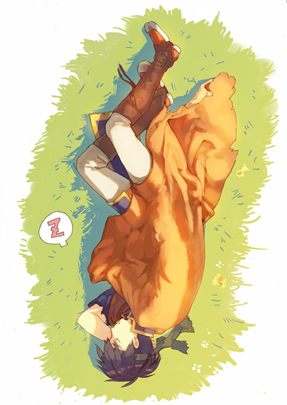 uichi, ike (fire emblem), fire emblem, fire emblem: path of radiance, fire emblem: radiant dawn, nintendo, blue eyes, boots, brown boots, cape, closed eyes, from above, full body, grass, headband, male focus, sleeping, solo, zzz