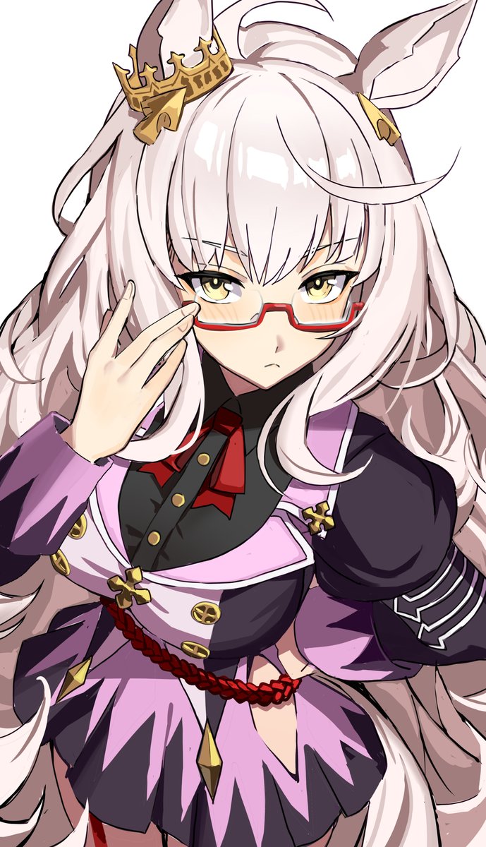 franz2543, biwa hayahide (pf. winning equation…) (umamusume), biwa hayahide (umamusume), umamusume, commentary, highres, 1girl, animal ears, breasts, closed mouth, crown, horse ears, horse girl, large breasts, long hair, looking at viewer, red-framed eyewear, solo, white hair, yellow eyes