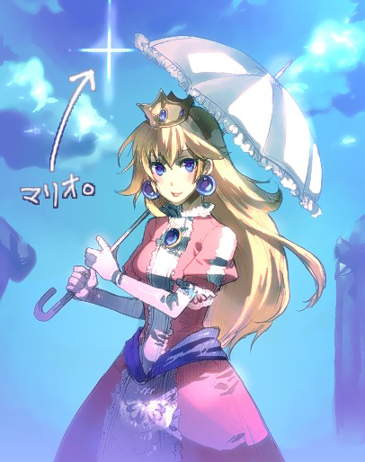 princess peach, mario (series), nintendo, super smash bros., 1girl, blonde hair, blue eyes, crown, dress, earrings, elbow gloves, female focus, gloves, jewelry, pink dress, smile, solo, umbrella