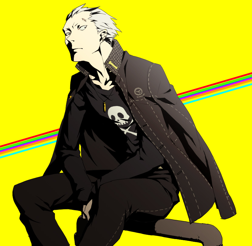 egawa satsuki, tatsumi kanji, atlus, persona, persona 4, 1boy, bullet, delinquent, earrings, grey hair, jewelry, male focus, necklace, scar, school uniform, skull, solo