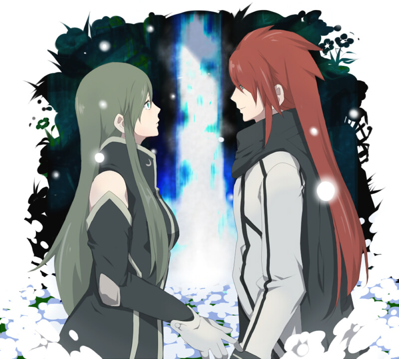 luke fon fabre, tear grants, tales of (series), tales of the abyss, spoilers, 00s, 1boy, 1girl, blue eyes, brown hair, couple, field, flower, gloves, hetero, long hair, official alternate costume, red hair, smile, tears
