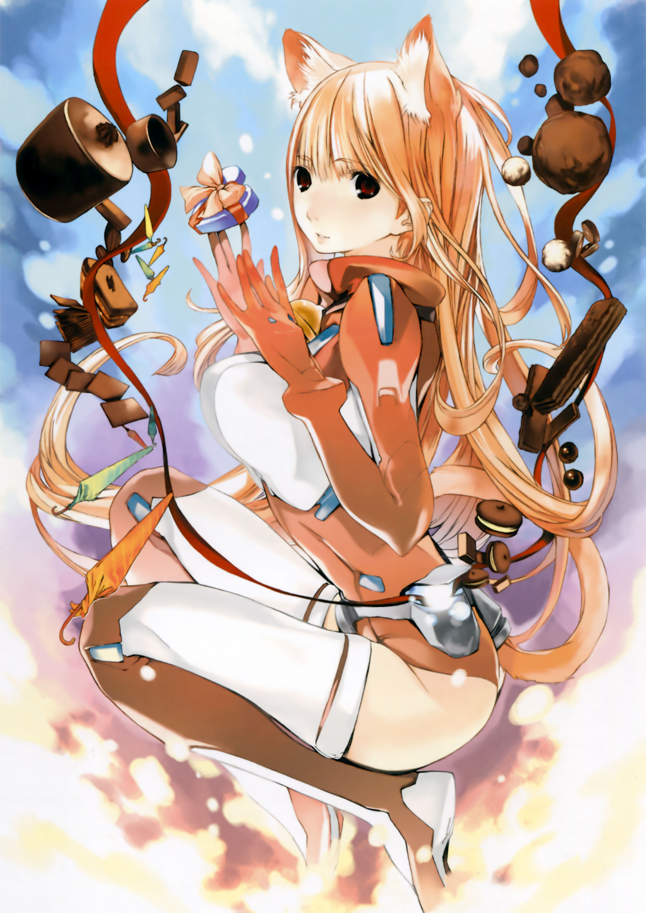houden eizou, eris (asobi ni iku yo!), asobi ni iku yo!, absurdres, highres, 1girl, animal ears, bell, blonde hair, cat ears, cat tail, chocolate, female focus, leotard, long hair, neck bell, orange hair, red eyes, solo, tail, thighhighs