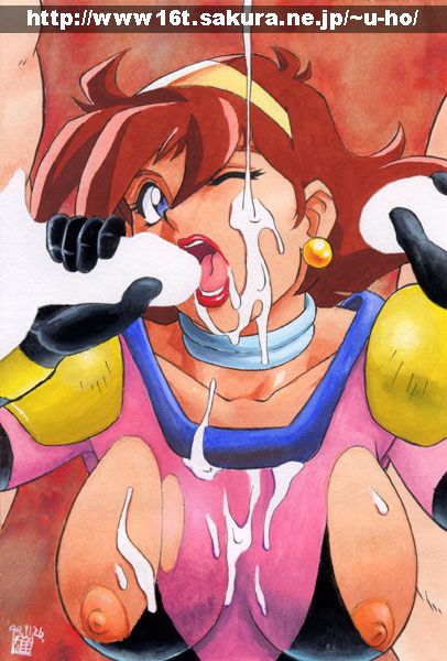 hosaka yuuichi, rain mikamura, g gundam, gundam, traditional media, 1990s (style), 1girl, 2boys, ;d, armor, blue eyes, bodysuit, breasts, breasts apart, brown hair, censored, clothed female nude male, clothed sex, cum, cum on body, cum on breasts, cum on clothes, cum on upper body, cumdrip, dated, earrings, facial, fellatio, gloves, group sex, hair between eyes, hairband, handjob, hetero, invisible penis, jewelry, large breasts, latex, latex gloves, lipstick, looking at viewer, makeup, multiple boys, multiple girls, nipple slip, nipples, nude, one eye closed, open mouth, oral, pauldrons, penis, red background, retro artstyle, shoulder armor, signature, simple background, smile, solo focus, torn bodysuit, torn clothes, upper body, watermark, web address, wince, wink