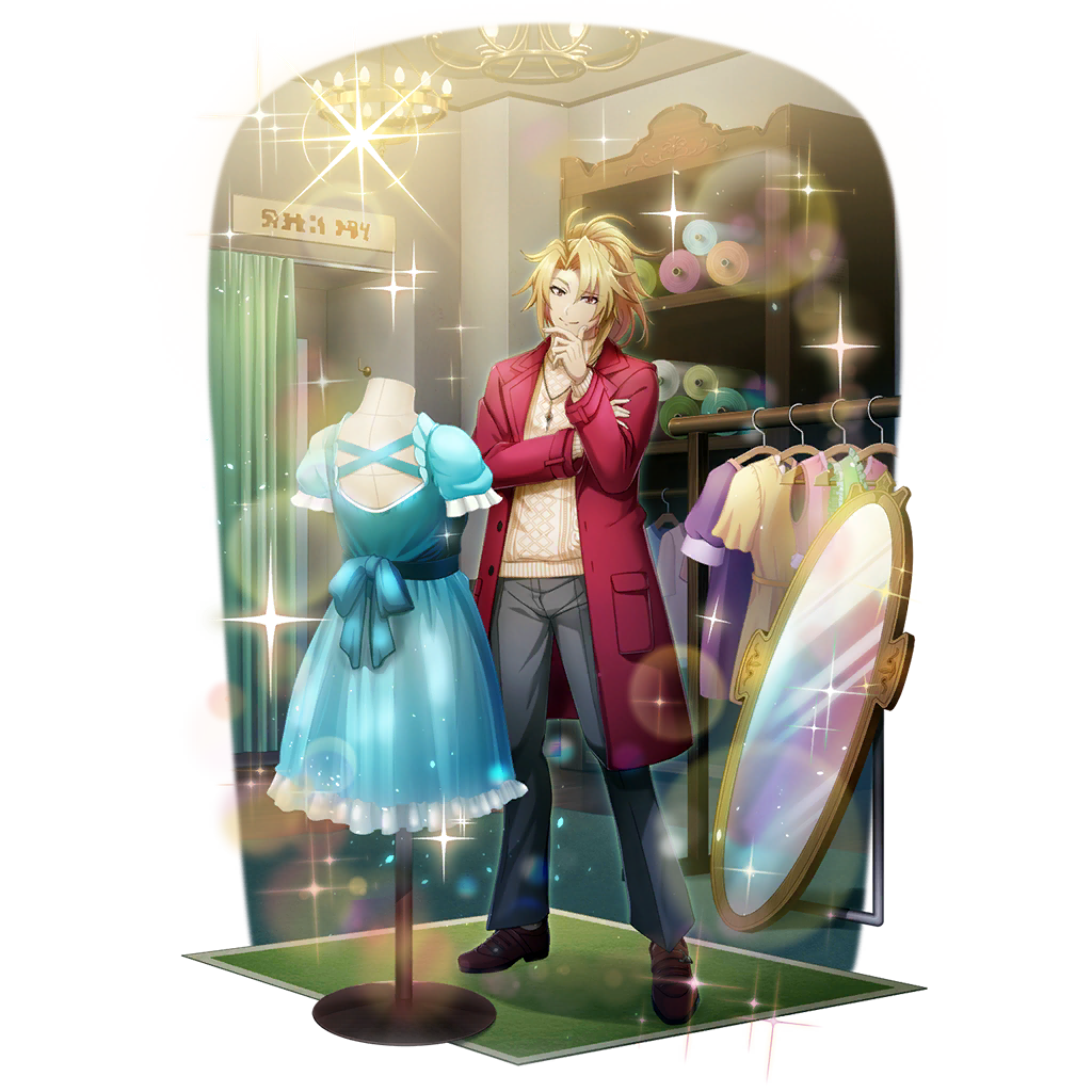 kitamura motoyasu, tate no yuusha no nariagari, tate no yuusha no nariagari rerise, artist request, game cg, official art, 1boy, blonde hair, blue dress, boots, brown boots, carpet, chandelier, changing room, closed mouth, coat, curtained hair, dress, full-length mirror, full body, green carpet, grey pants, hand to own mouth, indoors, jewelry, legendary spear (small spear) (tate no yuusha no nariagari), legendary spear (tate no yuusha no nariagari), long sleeves, looking at object, male focus, mannequin, medium hair, messy hair, mirror, necklace, open clothes, open coat, pants, ponytail, red coat, ribbed sweater, short ponytail, simple background, smile, solo, sparkle, standing, sweater, sweater under coat, thinking, transparent background, unworn dress, white sweater