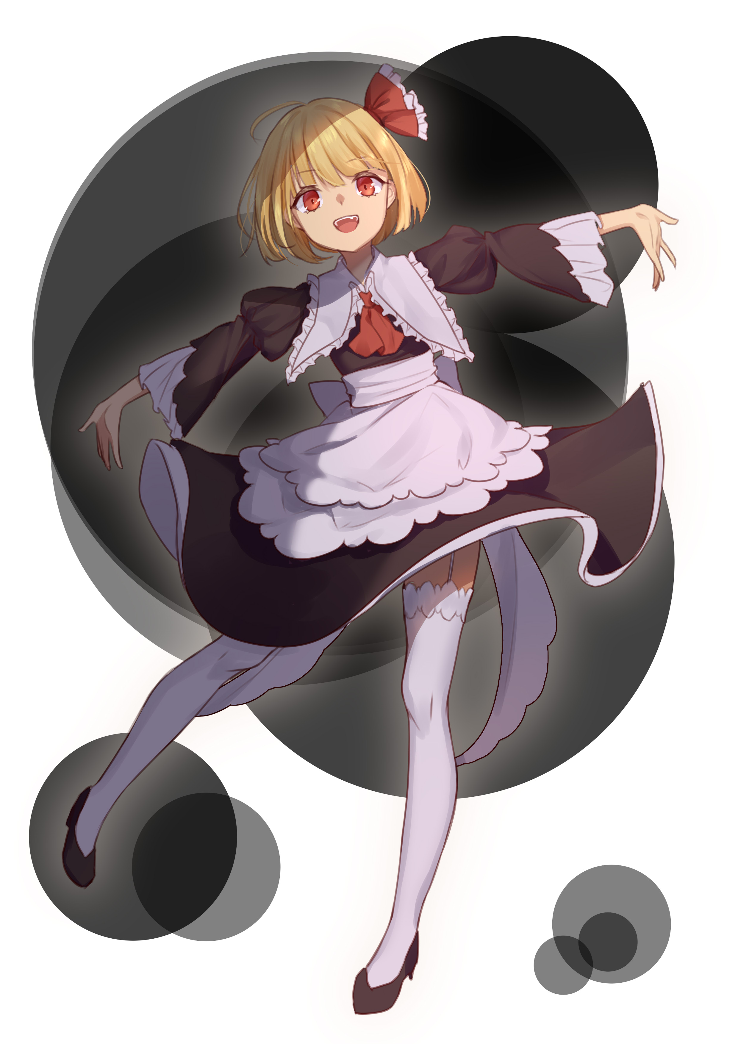 murasaki satori, rumia, touhou, absurdres, chinese commentary, highres, 1girl, :d, ahoge, alternate costume, apron, ascot, black background, black boots, black dress, blonde hair, blunt bangs, bob cut, boots, collared dress, dotted background, dress, enmaided, flat chest, garter straps, hair ribbon, high heels, long sleeves, looking at viewer, maid, medium hair, open mouth, outstretched arms, red ascot, red eyes, red ribbon, ribbon, smile, solo, spread arms, straight-on, teeth, thighhighs, tongue, two-tone background, two-tone dress, upper teeth only, waist apron, white apron, white background, white dress, white thighhighs